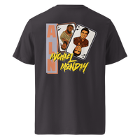 Michael Monday anarcho late night organic cotton t-shirt in Anthracite, back view: two playing cards with illustrated portraits next to Michael Monday in yellow brush lettering.