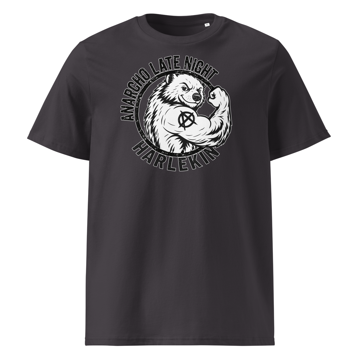 Anarcho Late Night organic cotton t-shirt in Anthracite, front view: a round black emblem of a flexing badger reading Anarcho Late Night Harlekin.