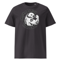 Anarcho Late Night organic cotton t-shirt in Anthracite, front view: a round black emblem of a flexing badger reading Anarcho Late Night Harlekin.