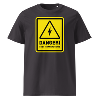 Lightning - Danger! Fast Transactions organic cotton bitcoin t-shirt in Anthracite, front view: a yellow warning sign with a lightning bolt reading Danger! Fast Transactions.