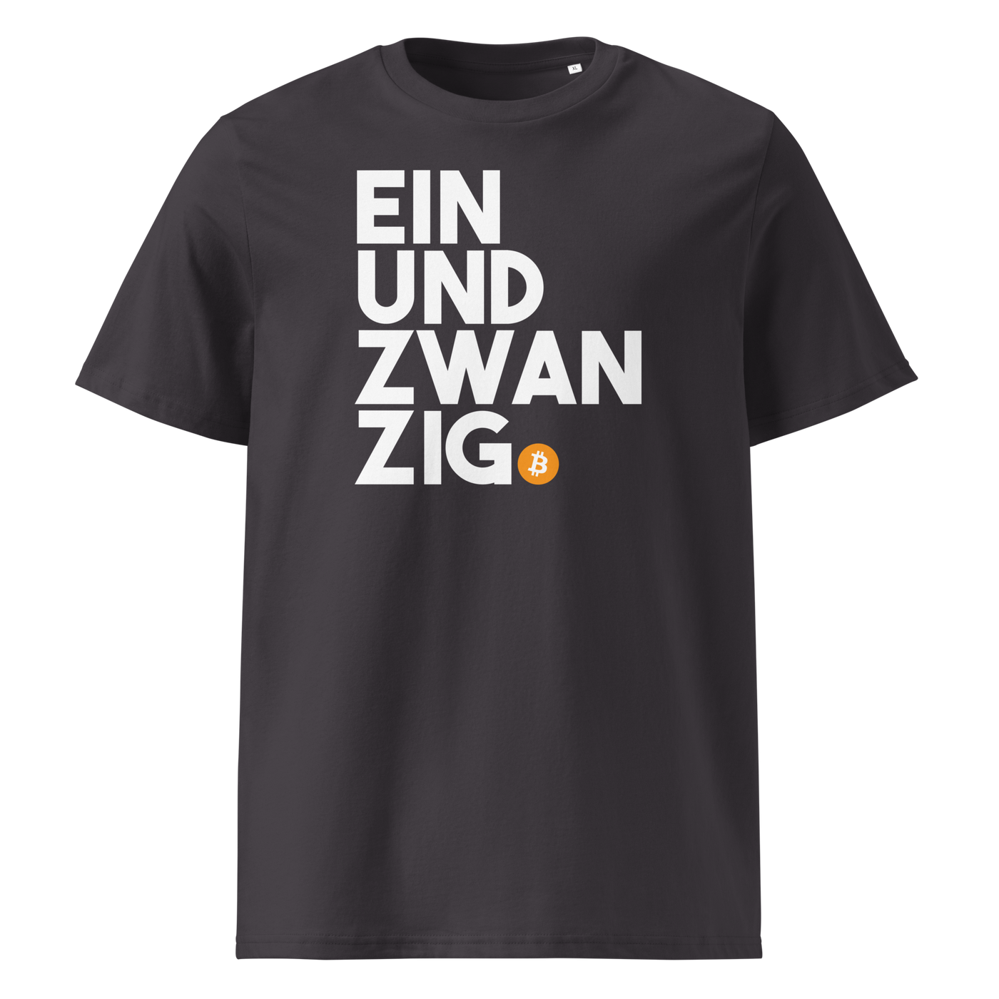 Einundzwanzig organic cotton bitcoin t-shirt in Anthracite, front view: Einundzwanzig stacked in black block letters with an orange bitcoin coin.