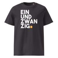 Einundzwanzig organic cotton bitcoin t-shirt in Anthracite, front view: Einundzwanzig stacked in black block letters with an orange bitcoin coin.