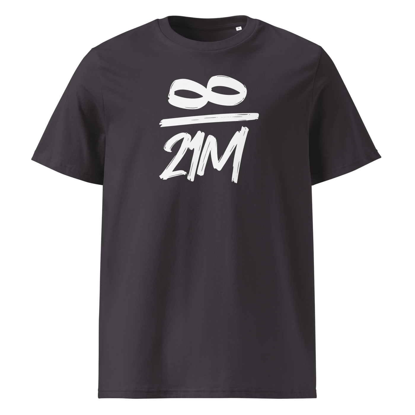 Infinity / 21 Million organic cotton bitcoin t-shirt in Anthracite, front view: an infinity symbol over 21M in black brush lettering.