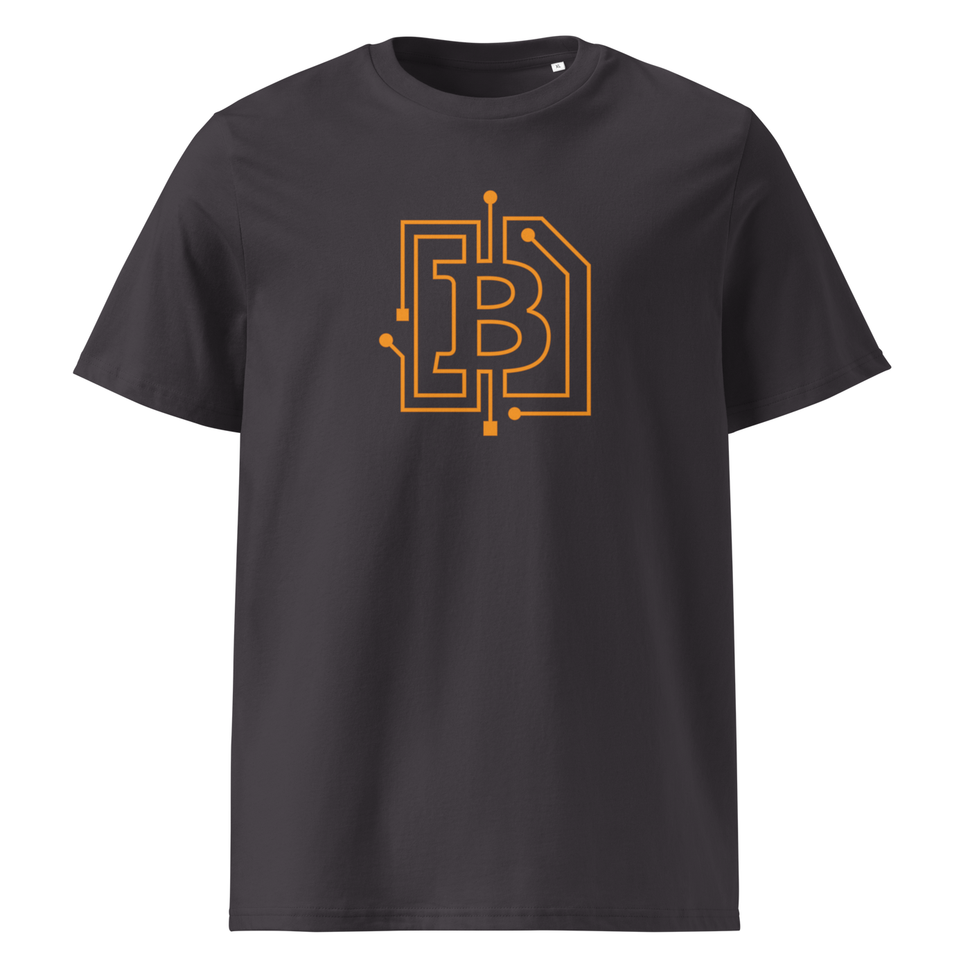 Circuit Board organic cotton bitcoin t-shirt in Anthracite, front view: an orange bitcoin B drawn as circuit board traces.
