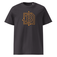 Circuit Board organic cotton bitcoin t-shirt in Anthracite, front view: an orange bitcoin B drawn as circuit board traces.