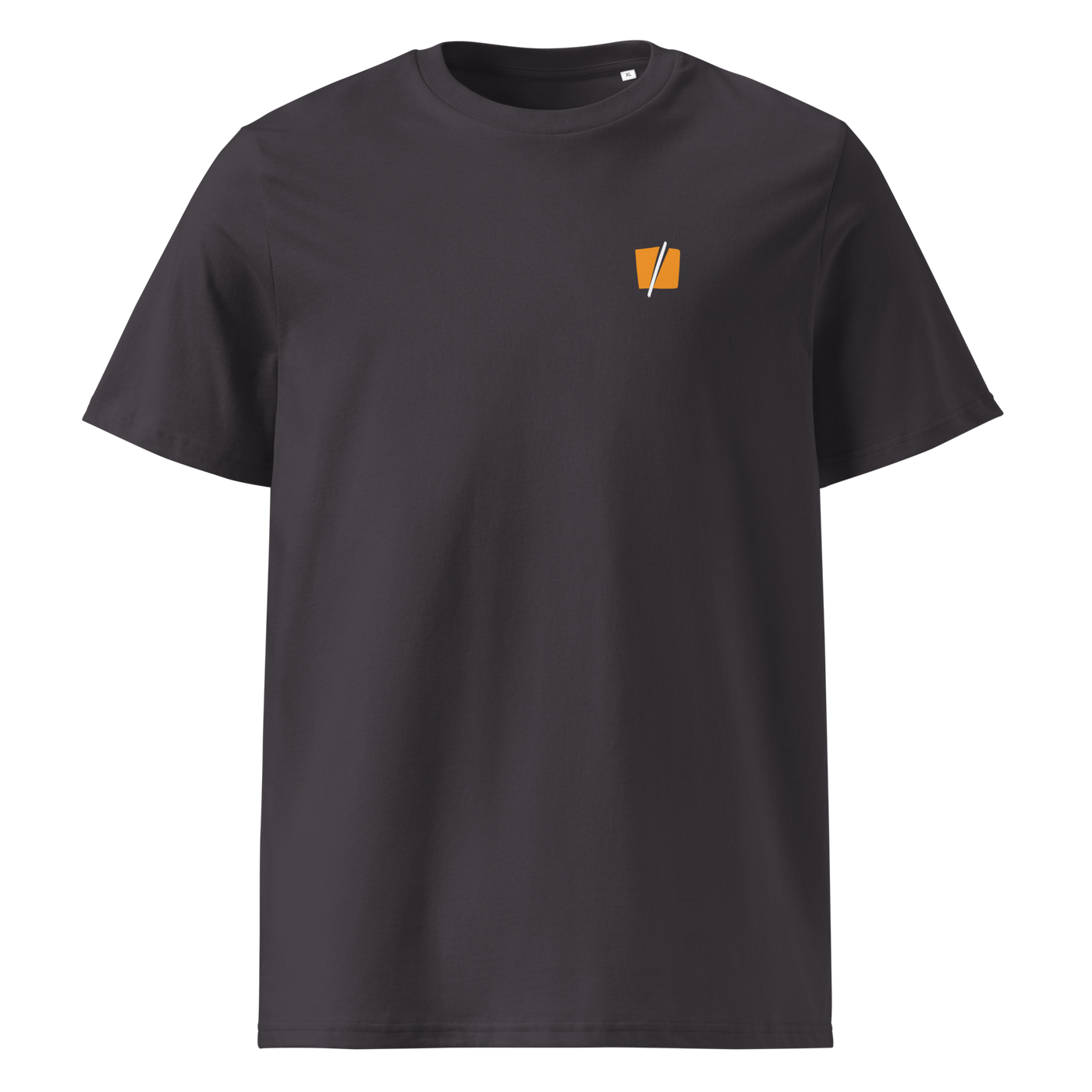 Bitcoin Halving organic cotton bitcoin t-shirt in Anthracite, front view: a small halved orange bitcoin symbol on the left chest.