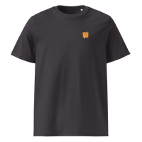 Bitcoin Halving organic cotton bitcoin t-shirt in Anthracite, front view: a small halved orange bitcoin symbol on the left chest.
