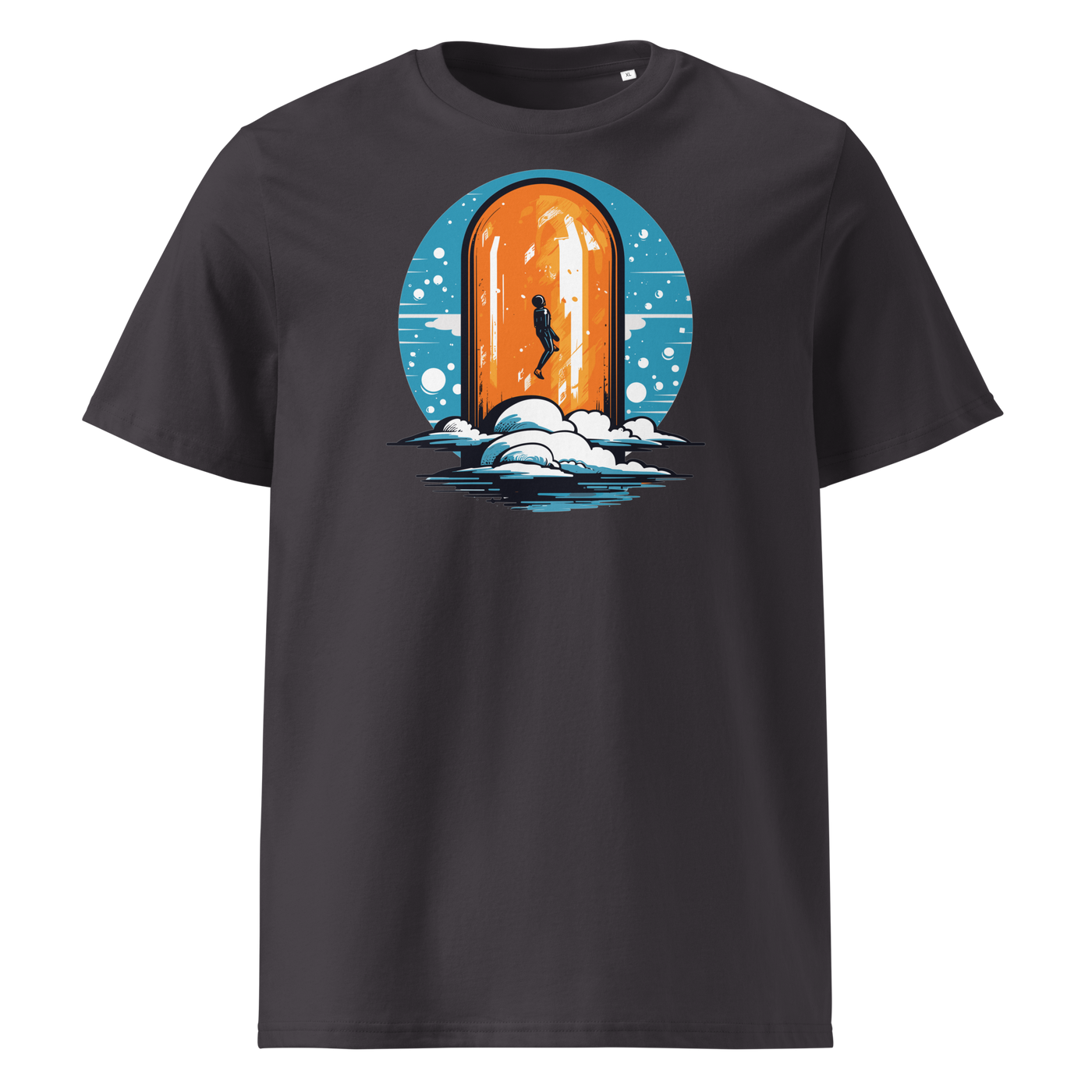 Orange Pill organic cotton bitcoin t-shirt in Anthracite, front view: a silhouette stepping through an orange pill shaped doorway above the clouds.