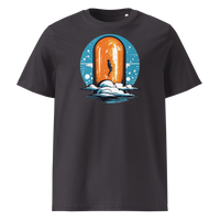 Orange Pill organic cotton bitcoin t-shirt in Anthracite, front view: a silhouette stepping through an orange pill shaped doorway above the clouds.