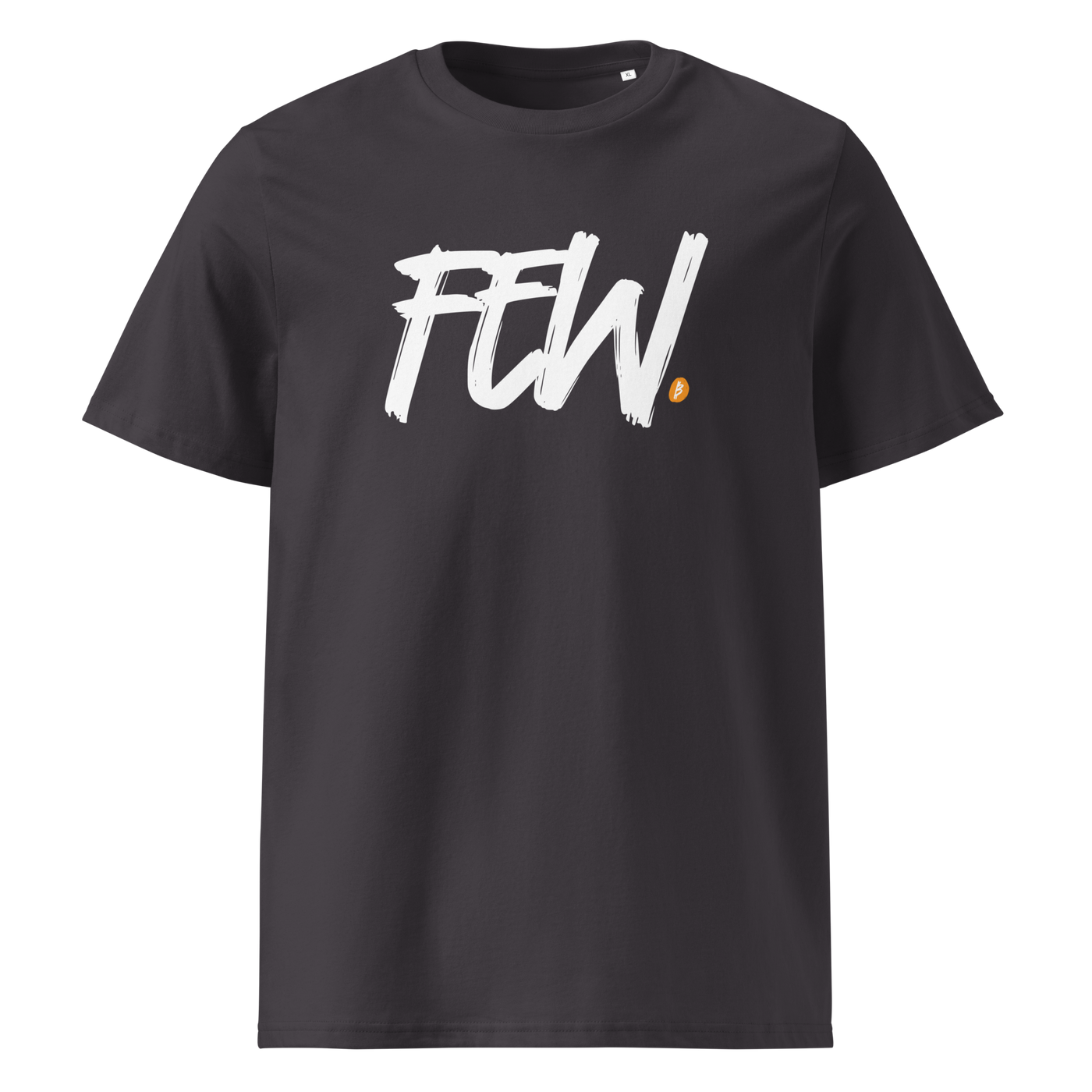 Few organic cotton bitcoin t-shirt in Anthracite, front view: FEW. in black brush lettering with an orange bitcoin dot.