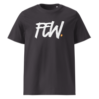 Few organic cotton bitcoin t-shirt in Anthracite, front view: FEW. in black brush lettering with an orange bitcoin dot.