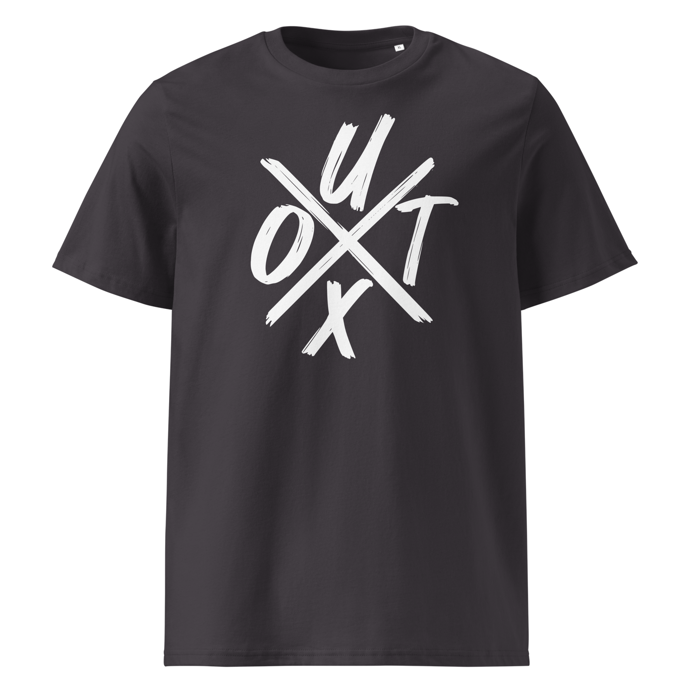 UTXO Management organic cotton bitcoin t-shirt in Anthracite, front view: the letters UTXO arranged around a brushed cross.