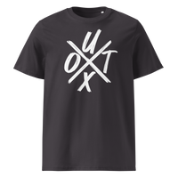 UTXO Management organic cotton bitcoin t-shirt in Anthracite, front view: the letters UTXO arranged around a brushed cross.
