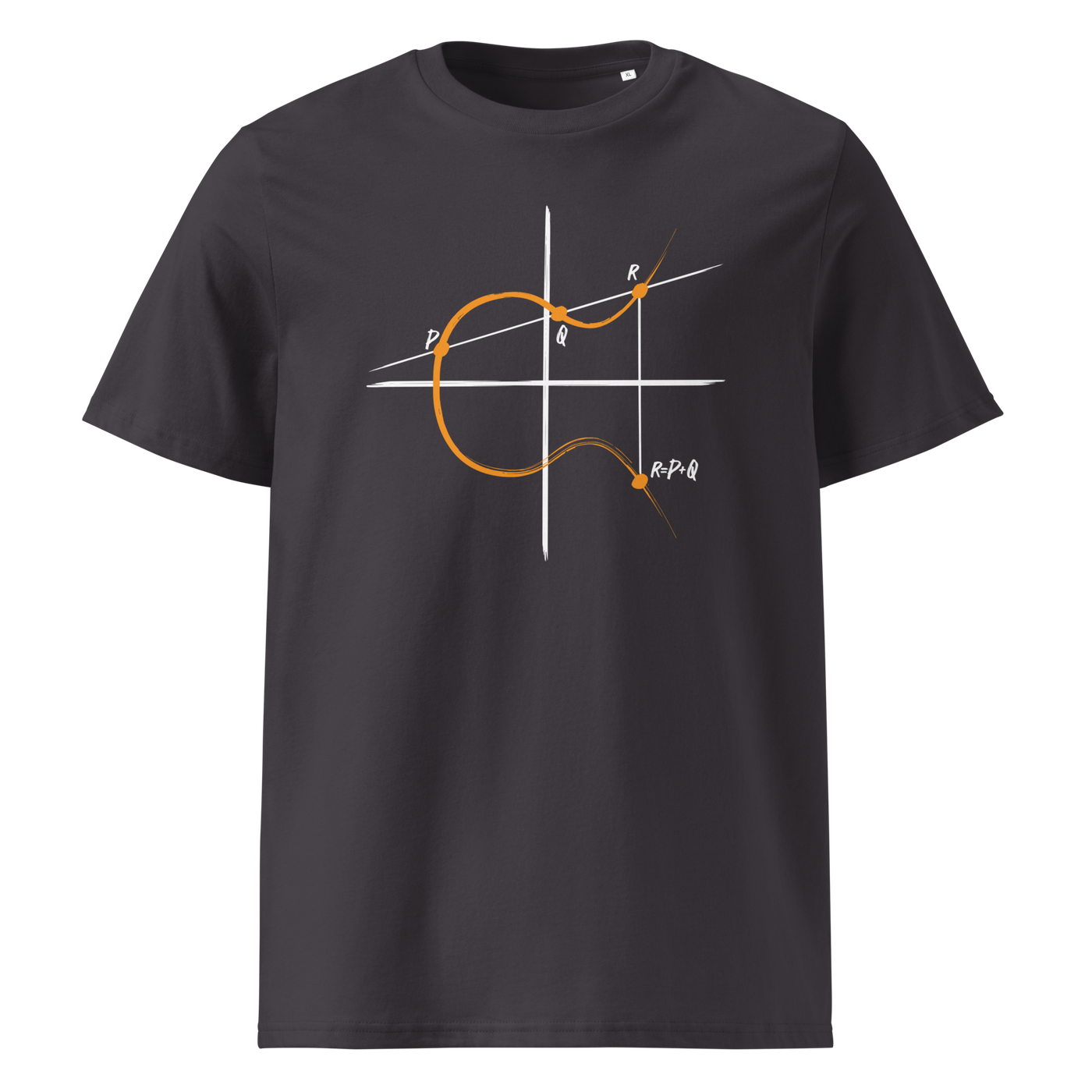Elliptic Curve Cryptography organic cotton bitcoin t-shirt in Anthracite, front view: a line drawing of an elliptic curve with the points P, Q and R.