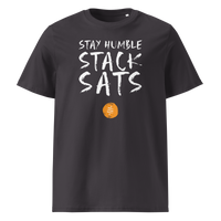 Stay Humble Stack Sats organic cotton bitcoin t-shirt in Anthracite, front view: Stay Humble Stack Sats in black lettering above an orange sats coin.