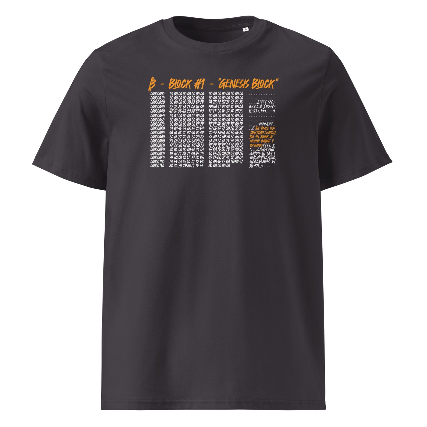 Genesis Block organic cotton bitcoin t-shirt in Anthracite, front view: the raw data of Bitcoin's genesis block in grey and orange.
