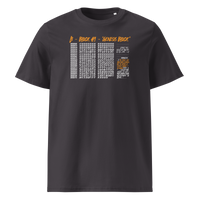 Genesis Block organic cotton bitcoin t-shirt in Anthracite, front view: the raw data of Bitcoin's genesis block in grey and orange.