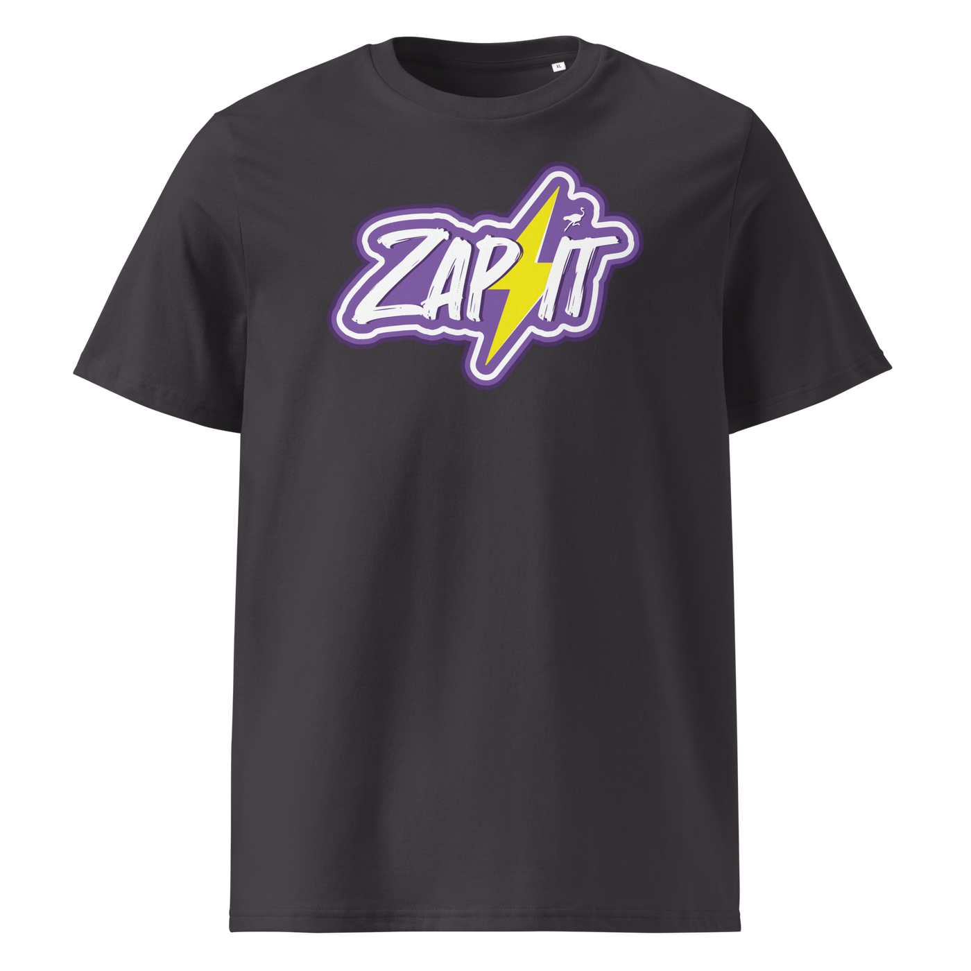Zap It Nostr organic cotton nostr t-shirt in Anthracite, front view: Zap It in purple graffiti letters with a yellow lightning bolt.