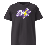 Zap It Nostr organic cotton nostr t-shirt in Anthracite, front view: Zap It in purple graffiti letters with a yellow lightning bolt.