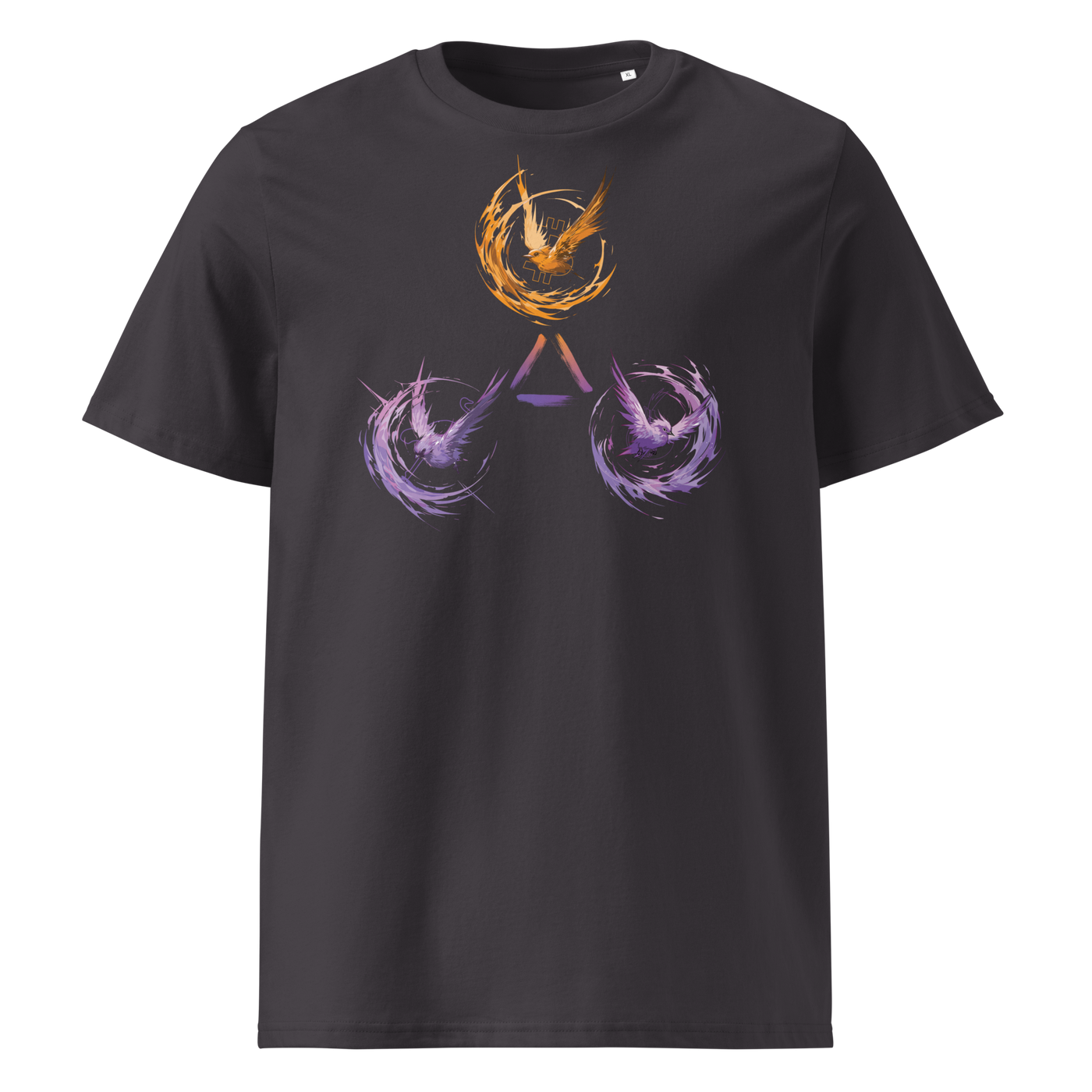 Trinity of Freedom organic cotton bitcoin t-shirt in Anthracite, front view: three stylised birds, one orange and two purple, around a triangle.