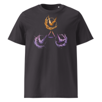 Trinity of Freedom organic cotton bitcoin t-shirt in Anthracite, front view: three stylised birds, one orange and two purple, around a triangle.