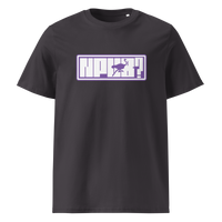 nPub Nostr organic cotton nostr t-shirt in Anthracite, front view: nPub in purple letters in a frame with an ostrich.
