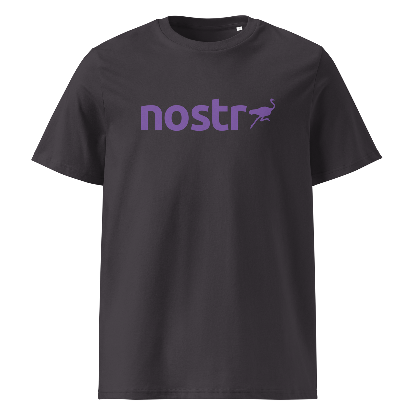 Nostr organic cotton nostr t-shirt in Anthracite, front view: the nostr wordmark in purple with an ostrich.