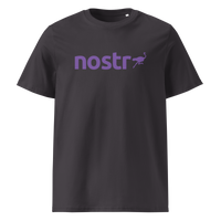 Nostr organic cotton nostr t-shirt in Anthracite, front view: the nostr wordmark in purple with an ostrich.