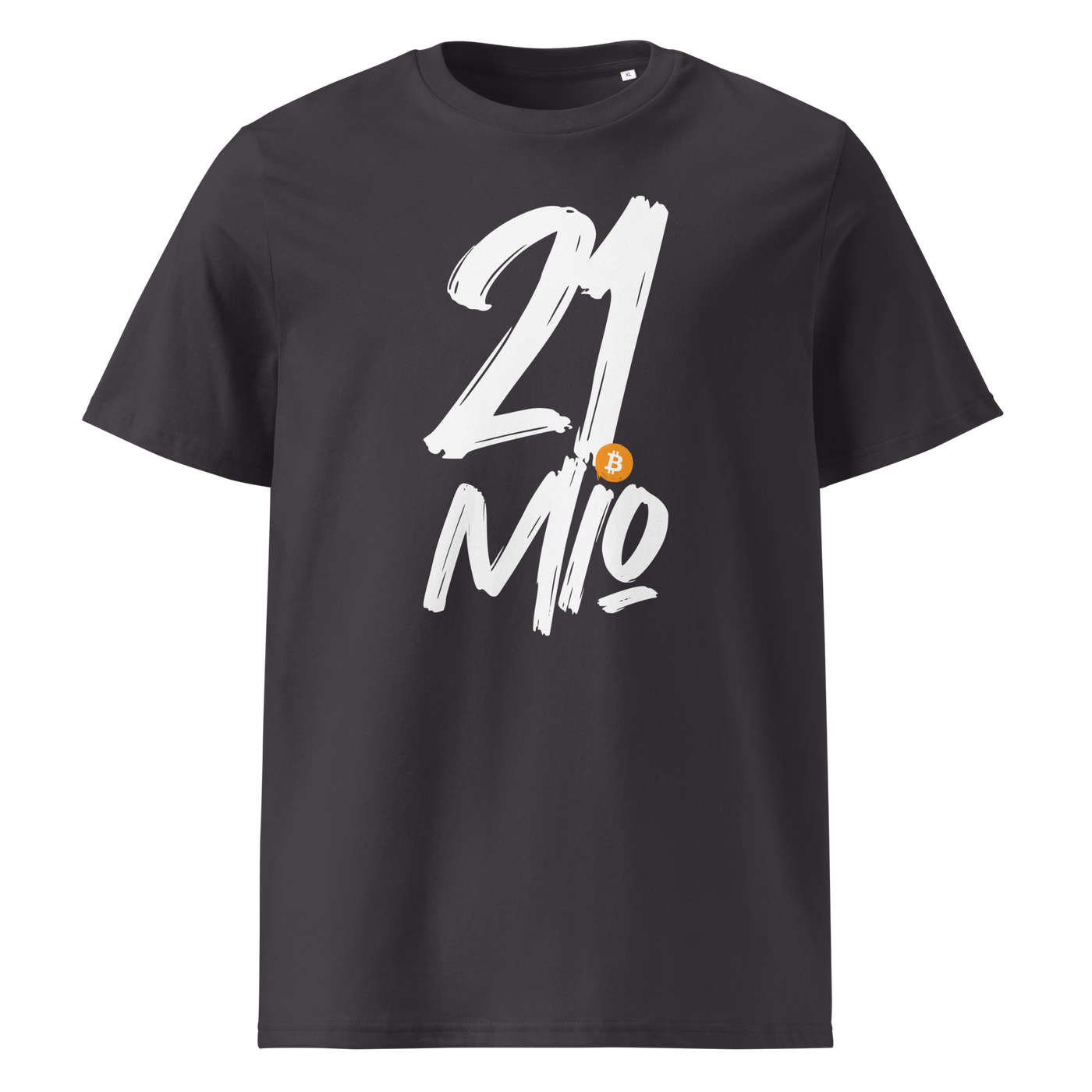 21 Million organic cotton bitcoin t-shirt in Anthracite, front view: 21 Mio. in black brush lettering with an orange bitcoin coin.