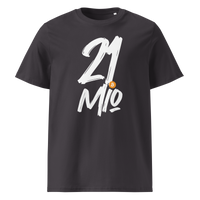 21 Million organic cotton bitcoin t-shirt in Anthracite, front view: 21 Mio. in black brush lettering with an orange bitcoin coin.