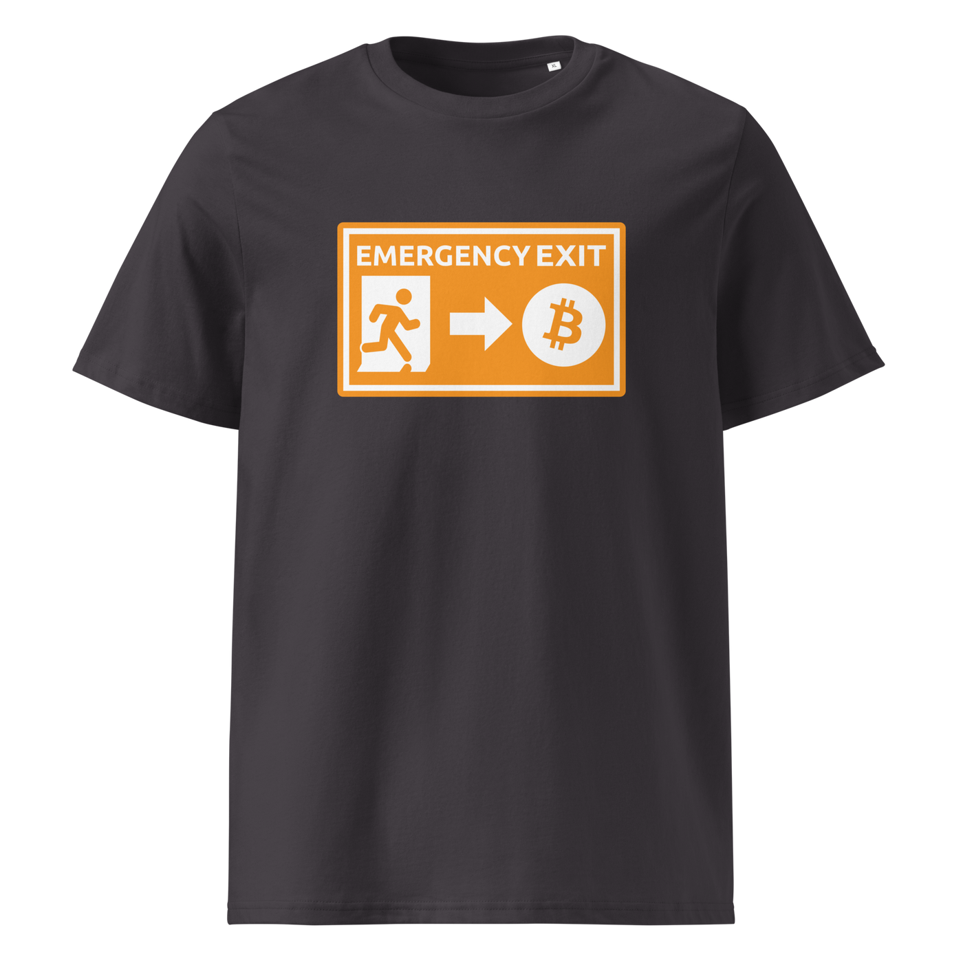 Emergency Exit organic cotton bitcoin t-shirt in Anthracite, front view: an orange emergency exit sign where the running figure heads towards a bitcoin symbol.