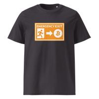 Emergency Exit organic cotton bitcoin t-shirt in Anthracite, front view: an orange emergency exit sign where the running figure heads towards a bitcoin symbol.