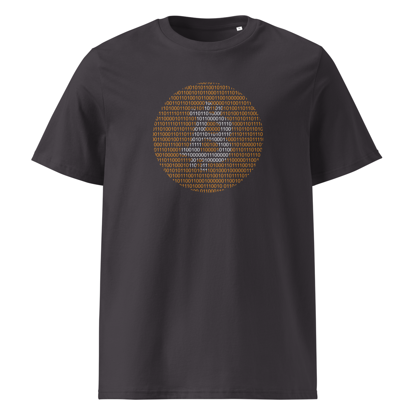 Bitcoin Binary organic cotton bitcoin t-shirt in Anthracite, front view: an orange bitcoin symbol built from binary digits.