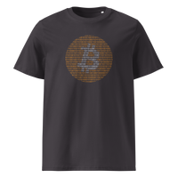 Bitcoin Binary organic cotton bitcoin t-shirt in Anthracite, front view: an orange bitcoin symbol built from binary digits.