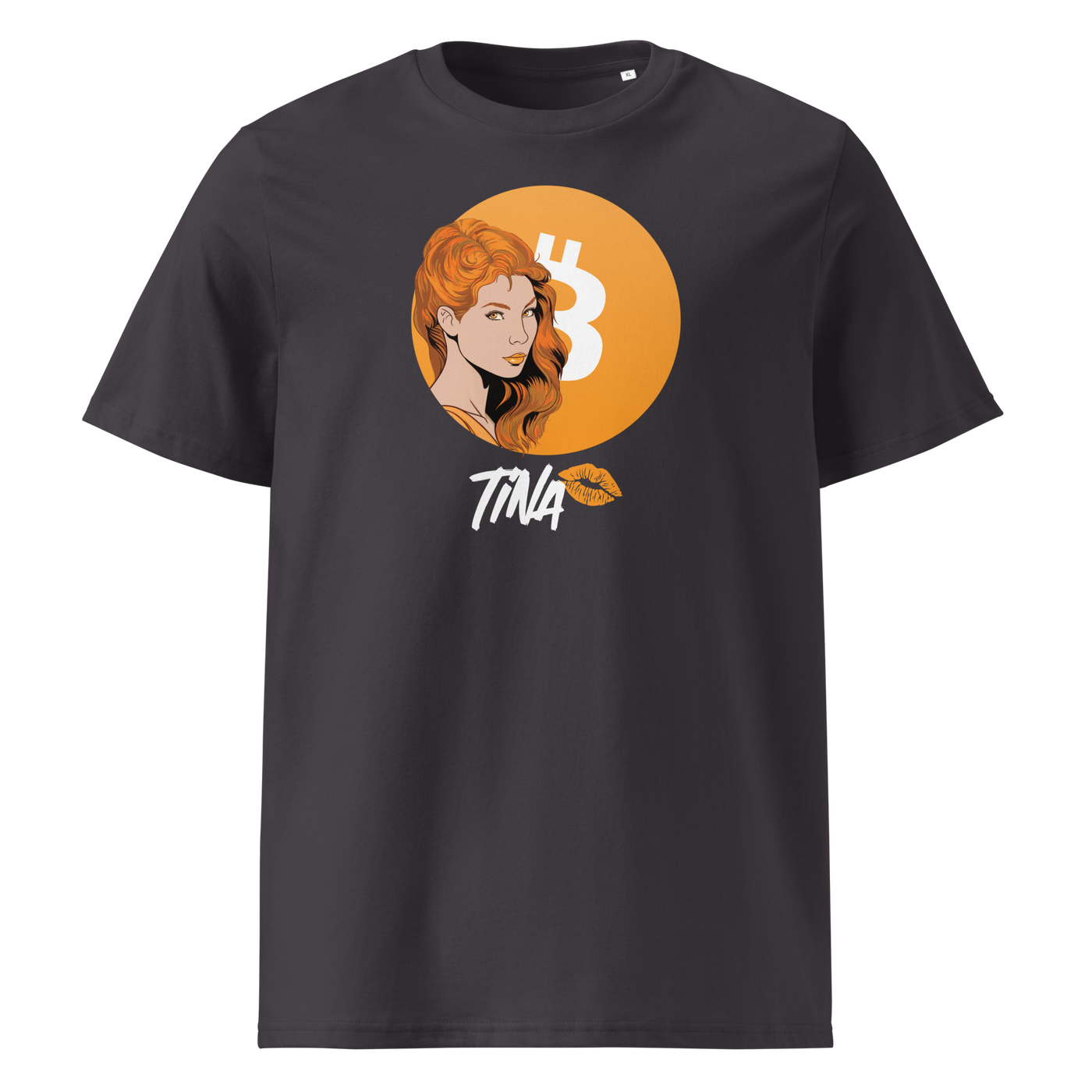 TINA organic cotton bitcoin t-shirt in Anthracite, front view: an illustrated red haired woman in front of an orange bitcoin circle, signed TINA.
