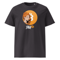 TINA organic cotton bitcoin t-shirt in Anthracite, front view: an illustrated red haired woman in front of an orange bitcoin circle, signed TINA.
