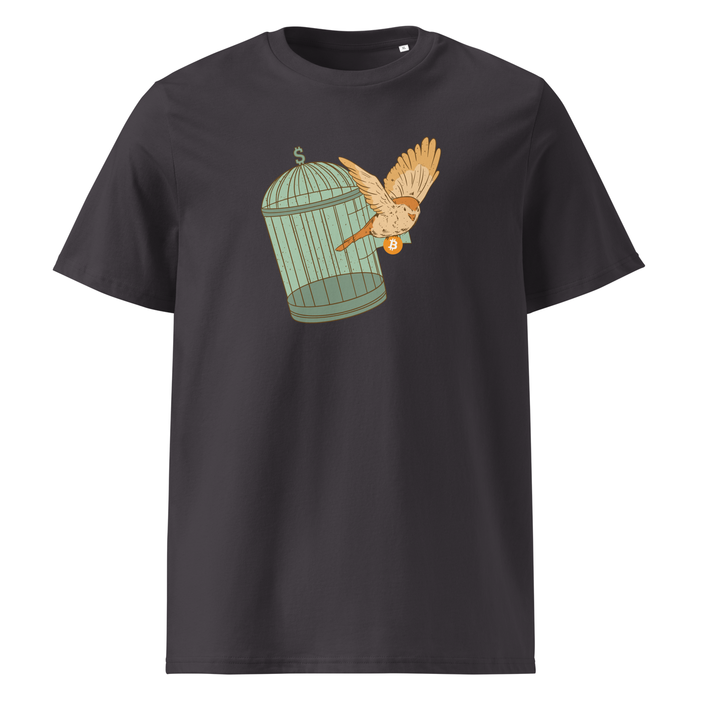 Escape from Fiat Madness organic cotton bitcoin t-shirt in Anthracite, front view: an orange bird escaping from an open green birdcage.