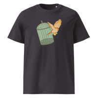 Escape from Fiat Madness organic cotton bitcoin t-shirt in Anthracite, front view: an orange bird escaping from an open green birdcage.