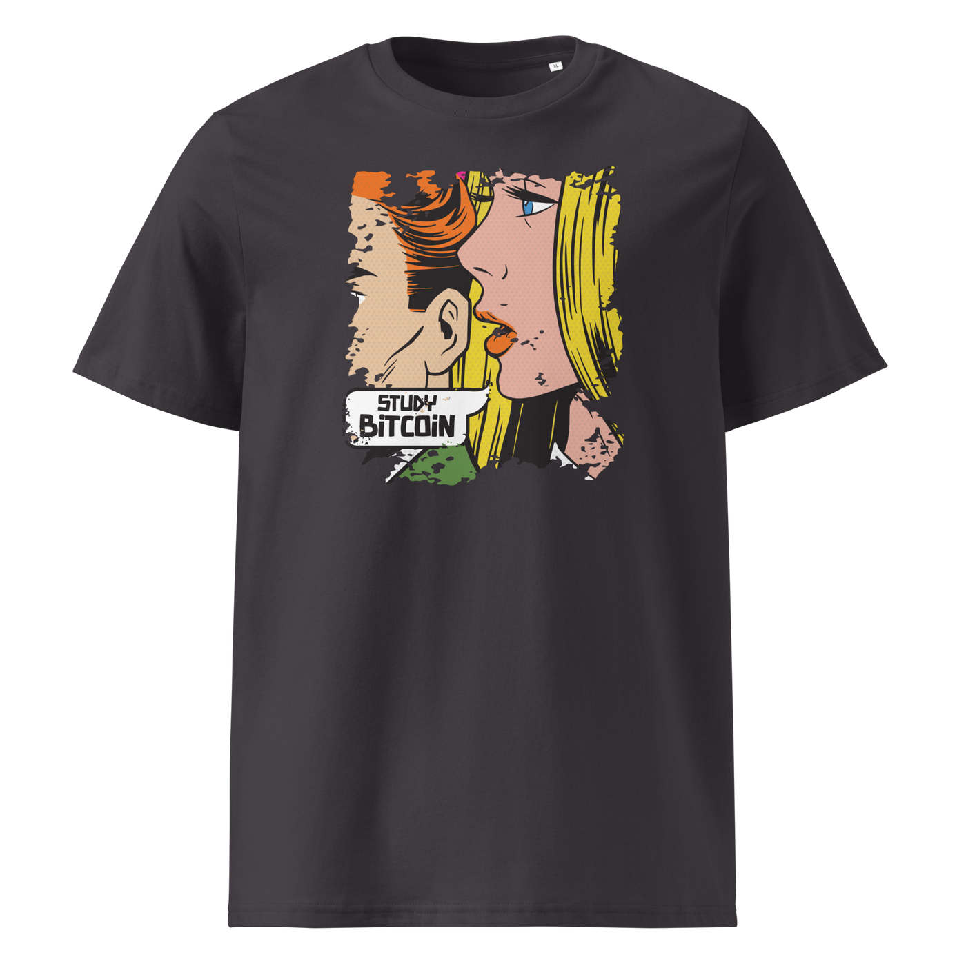 Study Bitcoin organic cotton bitcoin t-shirt in Anthracite, front view: a pop art comic scene of a couple whispering, captioned Study Bitcoin.