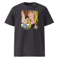 Study Bitcoin organic cotton bitcoin t-shirt in Anthracite, front view: a pop art comic scene of a couple whispering, captioned Study Bitcoin.