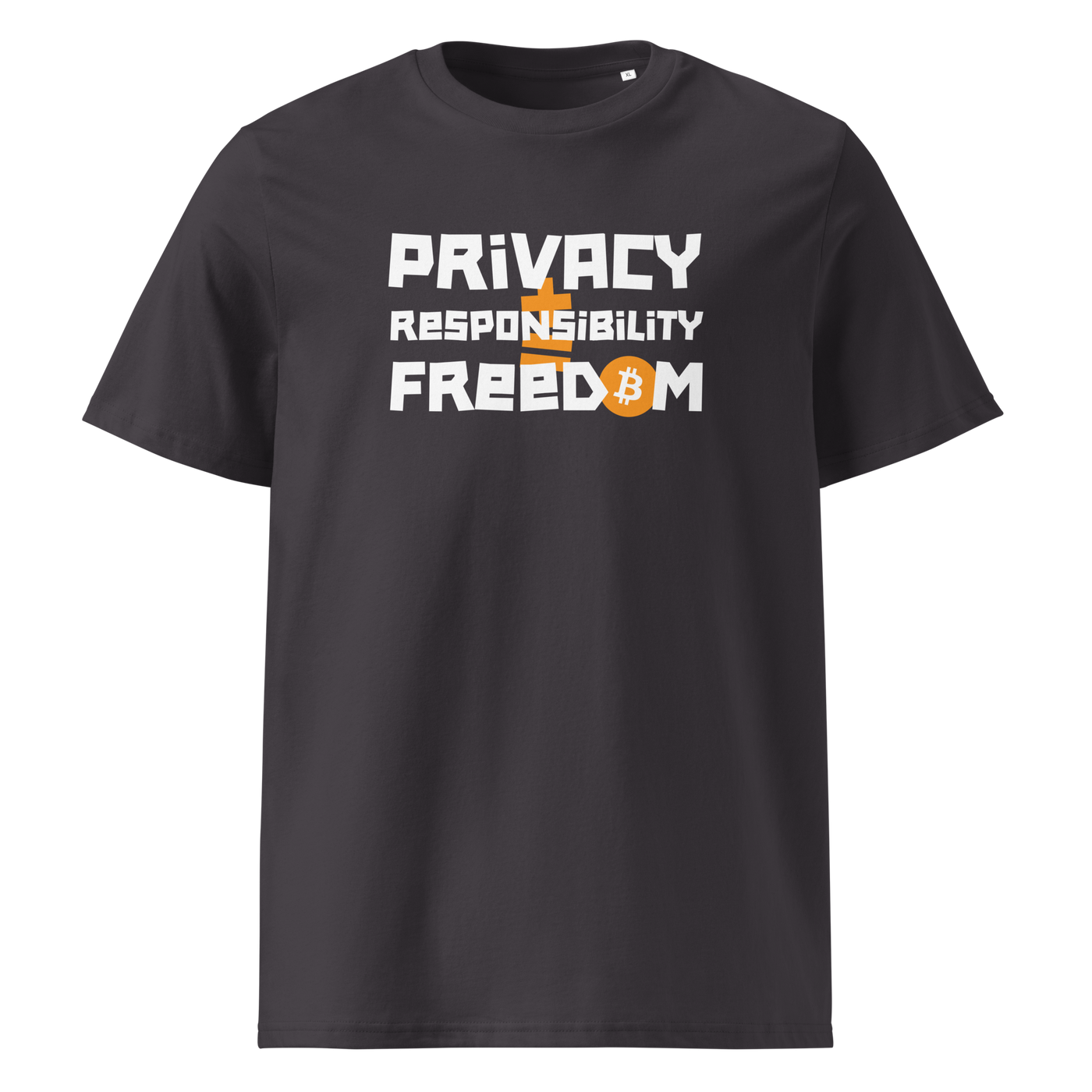 Privacy Responsibility Freedom organic cotton bitcoin t-shirt in Anthracite, front view: Privacy Responsibility Freedom in white stencil letters, the O of Freedom an orange bitcoin coin.