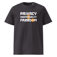 Privacy Responsibility Freedom organic cotton bitcoin t-shirt in Anthracite, front view: Privacy Responsibility Freedom in white stencil letters, the O of Freedom an orange bitcoin coin.
