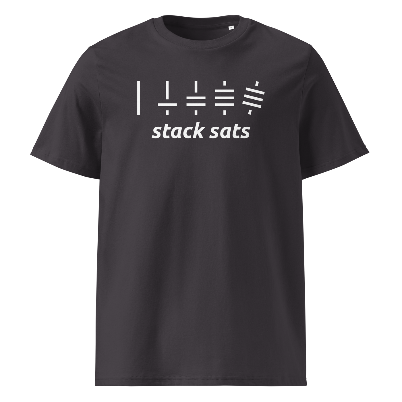 Stack Sats organic cotton bitcoin t-shirt in Anthracite, front view: five rising stacks of lines above the words stack sats.