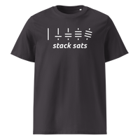Stack Sats organic cotton bitcoin t-shirt in Anthracite, front view: five rising stacks of lines above the words stack sats.