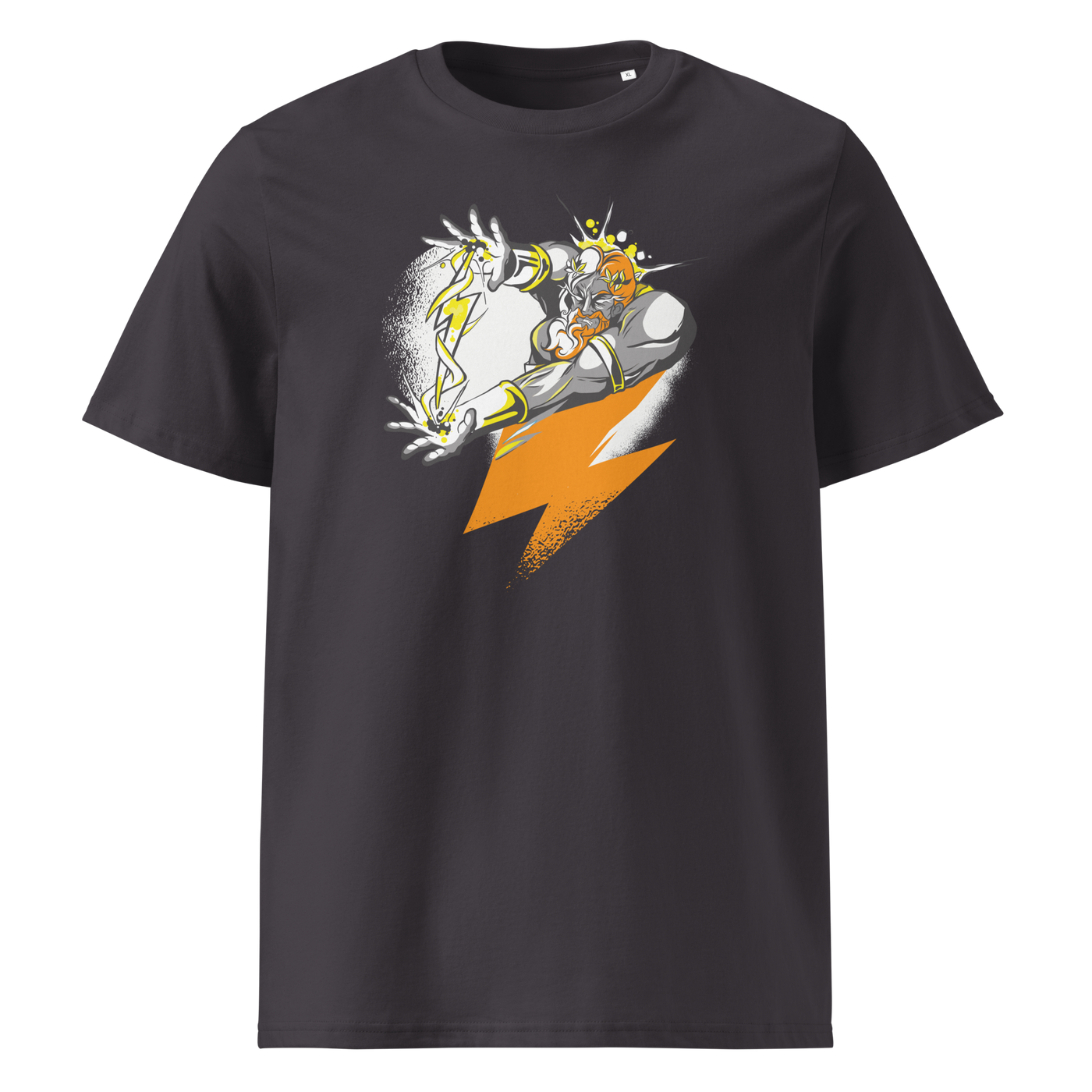 Bitcoin Support Zeus organic cotton bitcoin t-shirt in Anthracite, front view: Zeus hurling an orange lightning bolt from a cloud.