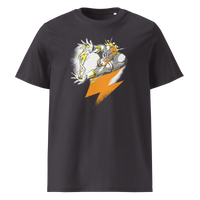 Bitcoin Support Zeus organic cotton bitcoin t-shirt in Anthracite, front view: Zeus hurling an orange lightning bolt from a cloud.
