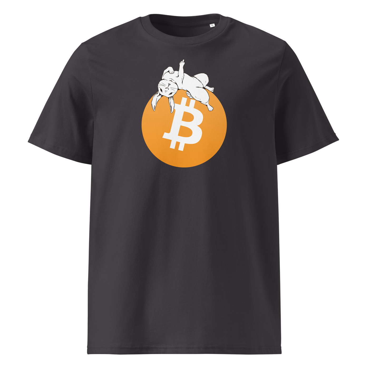 White Rabbit Bitcoin - F*** Fiat Money organic cotton bitcoin t-shirt in Anthracite, front view: a white rabbit leaping over a large orange bitcoin coin.