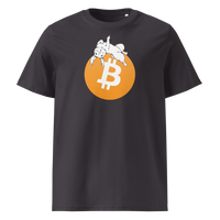 White Rabbit Bitcoin - F*** Fiat Money organic cotton bitcoin t-shirt in Anthracite, front view: a white rabbit leaping over a large orange bitcoin coin.