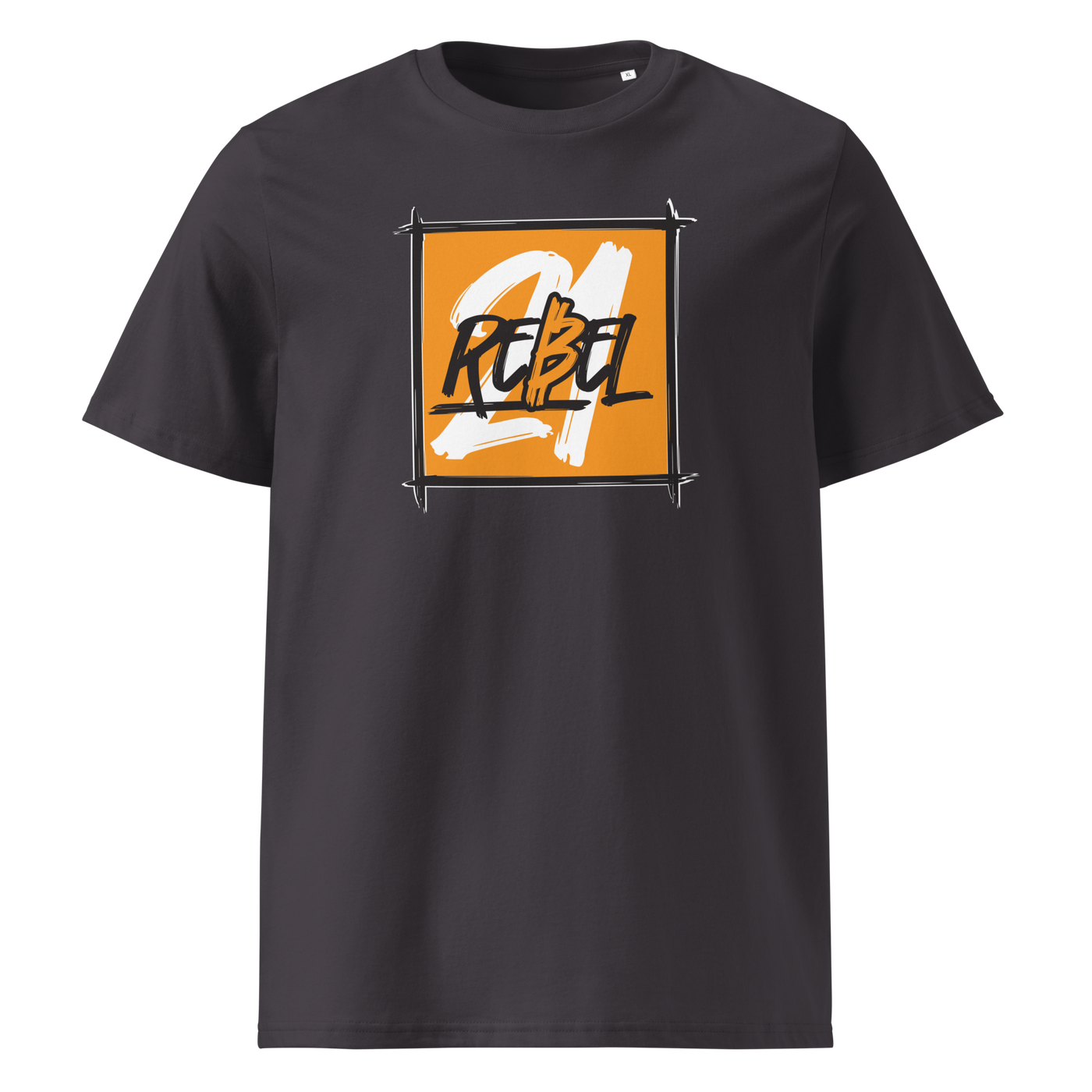 21 Rebel organic cotton bitcoin t-shirt in Anthracite, front view: a brushed orange square with 21 REBEL in white and black lettering.