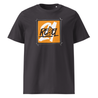 21 Rebel organic cotton bitcoin t-shirt in Anthracite, front view: a brushed orange square with 21 REBEL in white and black lettering.